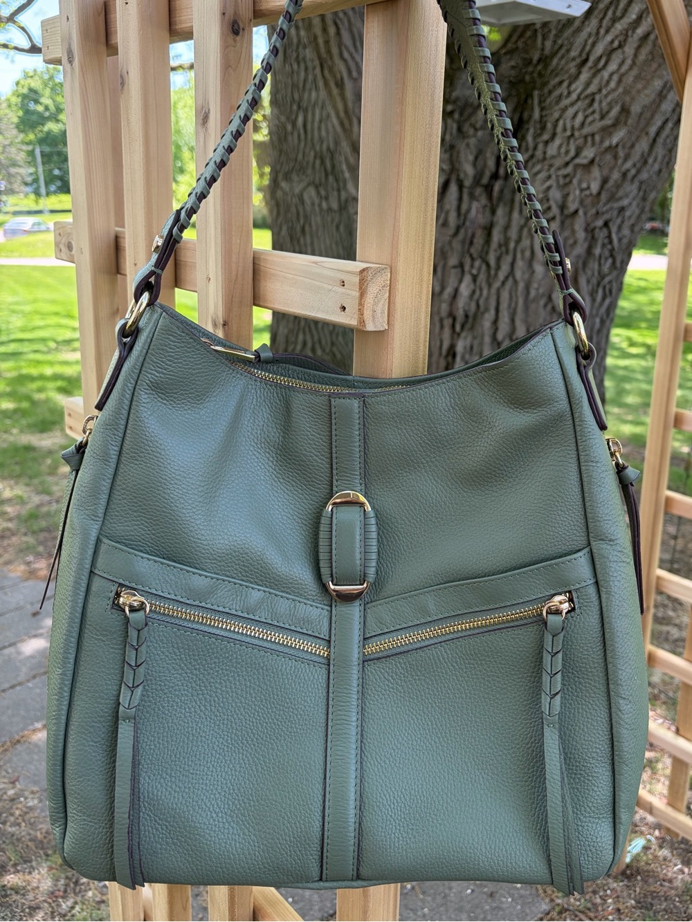 LODIS Priscilla Tote Green Cypress Woven Strap Leather Hobo Handbag Western Boho